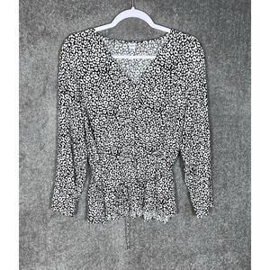 Old Navy Faux Wrap Top Womens Size Large Black White Animal‎ Print Long Sleeve